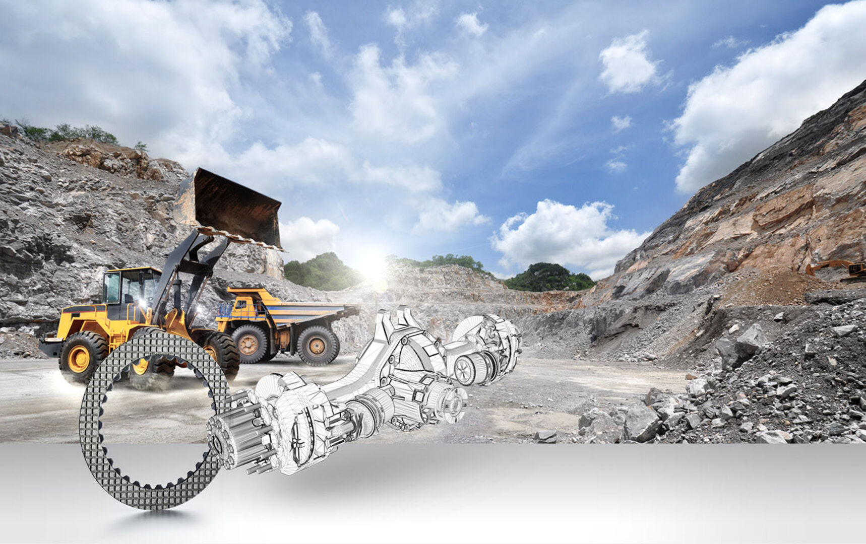Image shows mining truck and excavator in the background and friction material part in the front