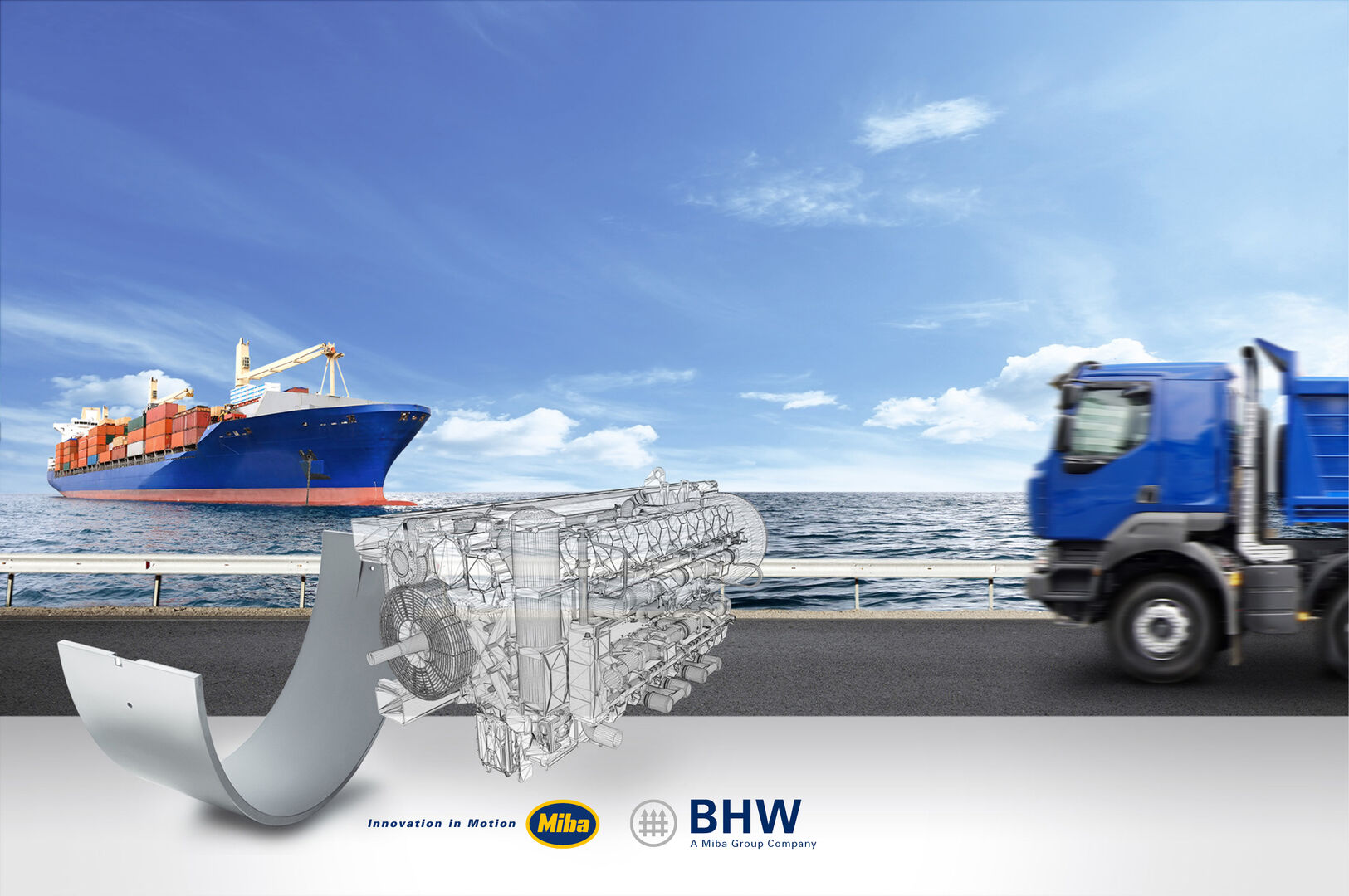 Truck on the road and ship in the sea in the background with bearing part in front